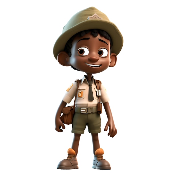 Foto representación 3d de un niño afroamericano con sombrero de safari y uniforme de explorador