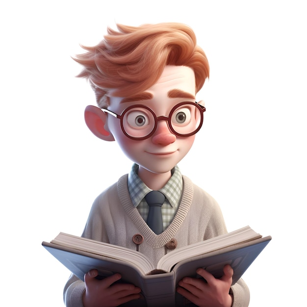 representación en 3D de un niño con gafas leyendo un libro aislado sobre un fondo blanco