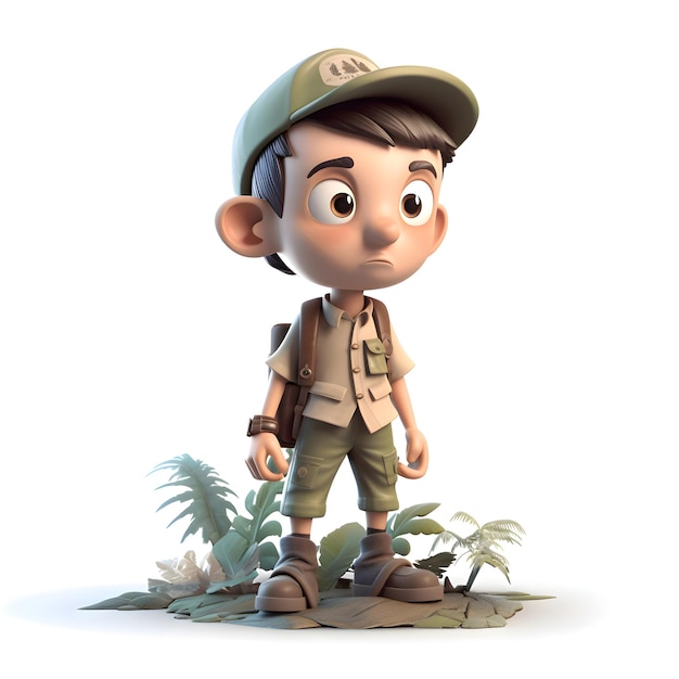 Representación 3D de un niño con mochila y sombrero de safari en la jungla
