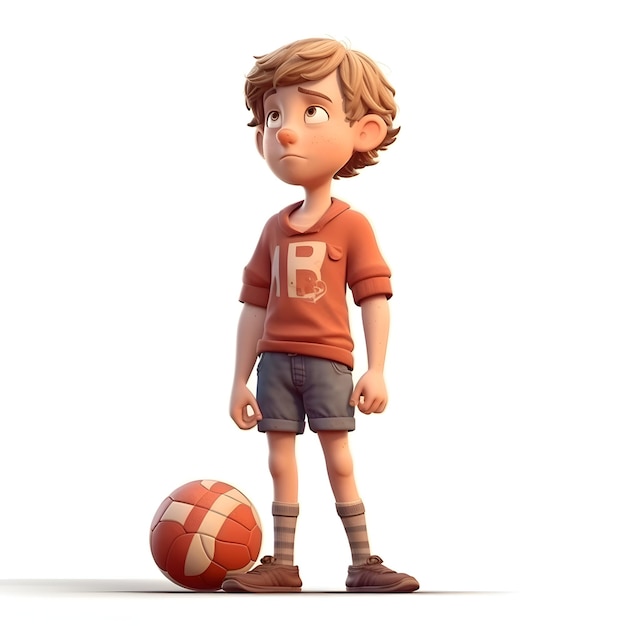 Representación 3D de un niño con una pelota de fútbol sobre un fondo blanco.