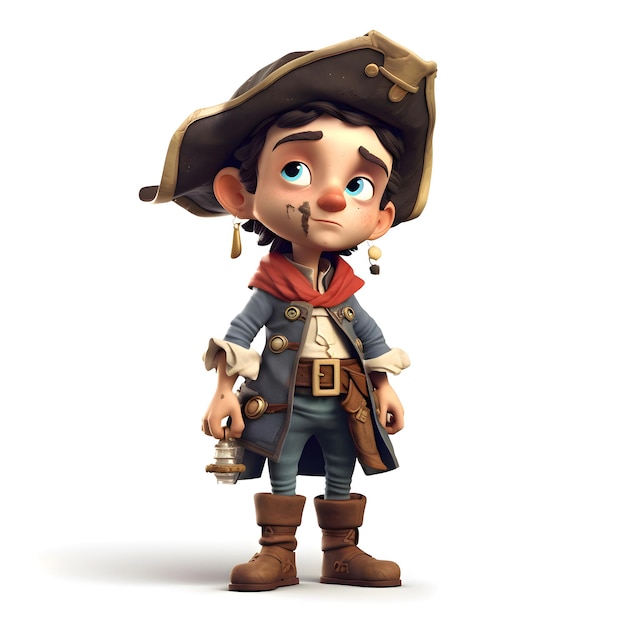 Foto representación 3d de un niño pequeño disfrazado de pirata con una linterna