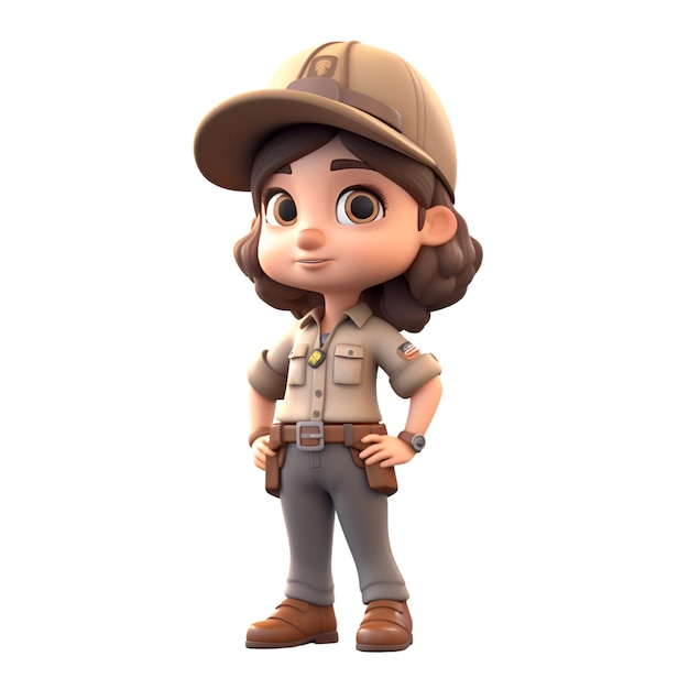 Representación 3D de un niño pequeño con sombrero de safari y uniforme