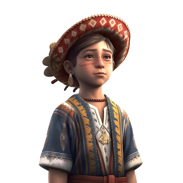 Representación 3D de un niño pequeño con un traje mexicano