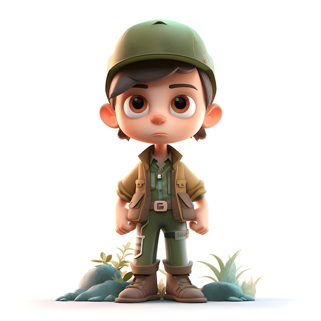 Representación 3D de un niño pequeño con uniforme del ejército con planta