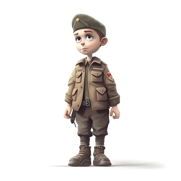 Representación 3D de un niño pequeño en un uniforme militar sobre fondo blanco.