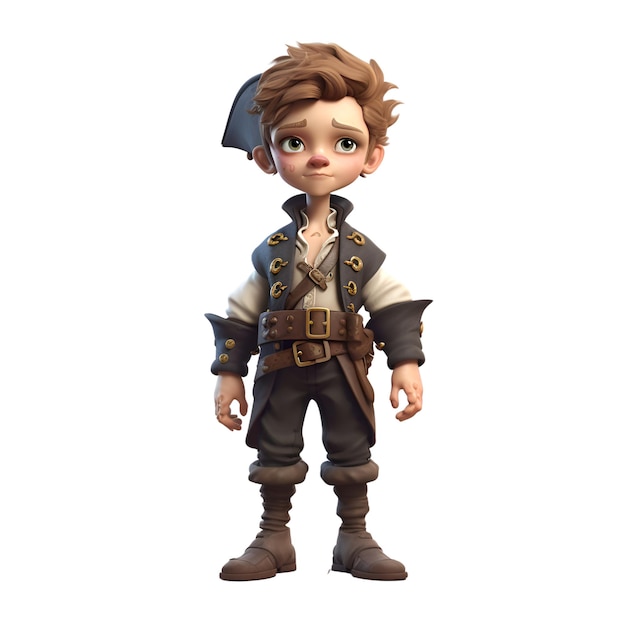 Representación 3D de un niño pequeño vestido como un pirata aislado sobre fondo blanco.