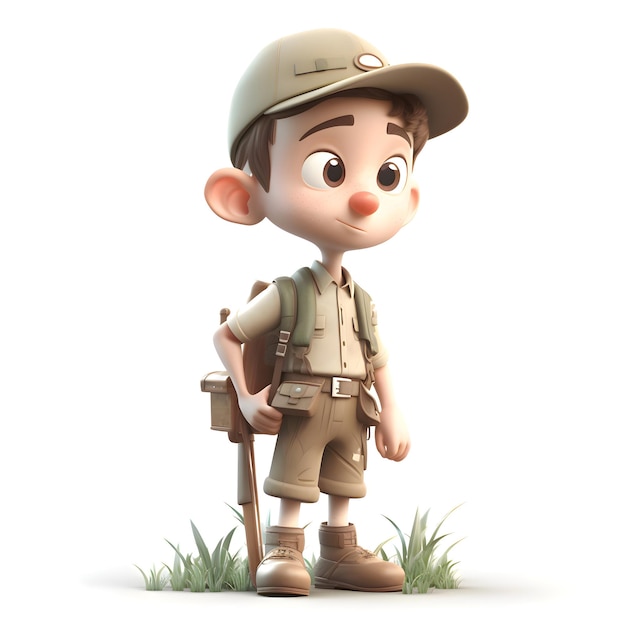 Representación 3D de un niño pequeño vestido con un traje militar