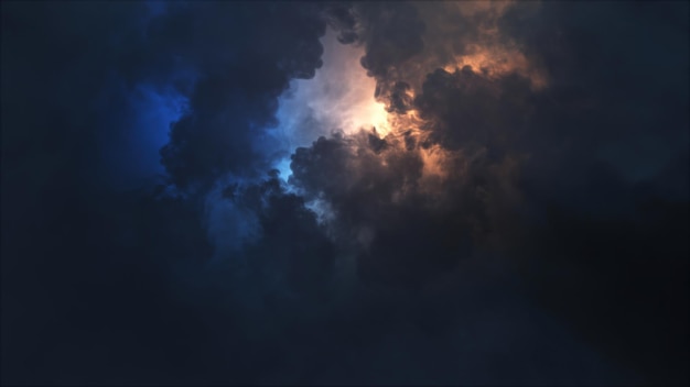 Representación 3D de nubes de tormenta con relámpagos brillantes