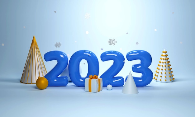 Representación 3D del número 2023 con caja de regalo Conos de adorno Copos de nieve decorados sobre fondo azul brillante