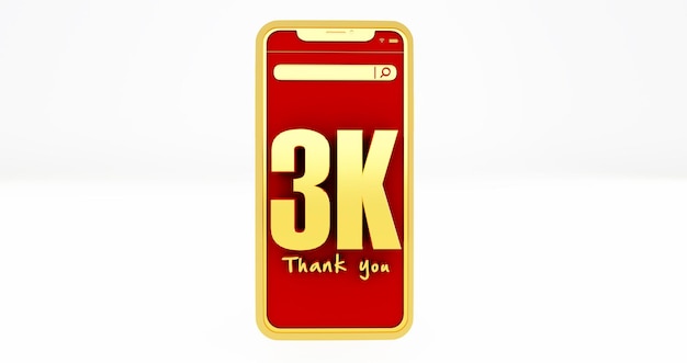 Representación 3D de números dorados de 3k sobre un teléfono inteligente. Gracias 3k seguidores de las redes sociales.