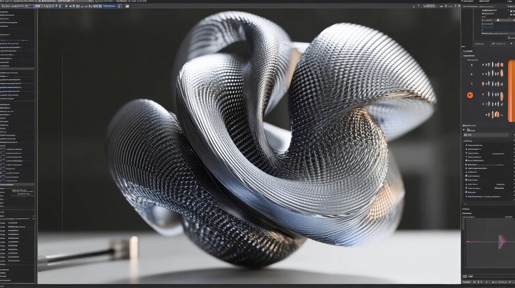 Foto una representación 3d de un objeto futurista abstracto que se texturiza en un programa de diseño gráfico con herramientas visibles en la pantalla