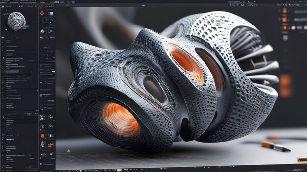 Una representación 3D de un objeto futurista abstracto que se texturiza en un programa de diseño gráfico con herramientas visibles en la pantalla