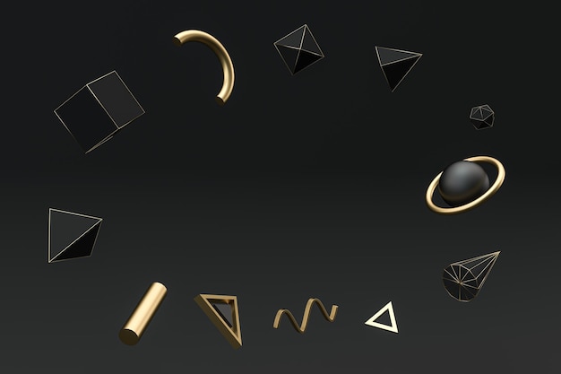 Representación 3d de objetos abstractos dorados y negros