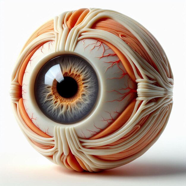 Representación en 3D de un ojo humano hecho de plástico sobre un fondo blanco