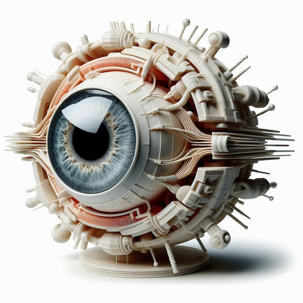 Representación en 3D de un ojo humano hecho de plástico sobre un fondo blanco