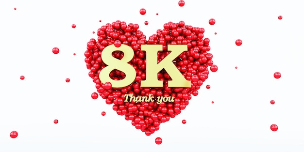 Representación 3D de un oro 8000 seguidores gracias aislado sobre fondo blanco 8k corazón rojo y bola de globos rojos