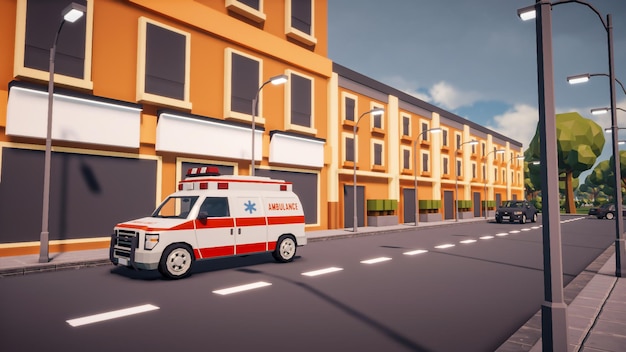 Representación 3D Paisaje de la calle del casco antiguo creado con computadora low poly