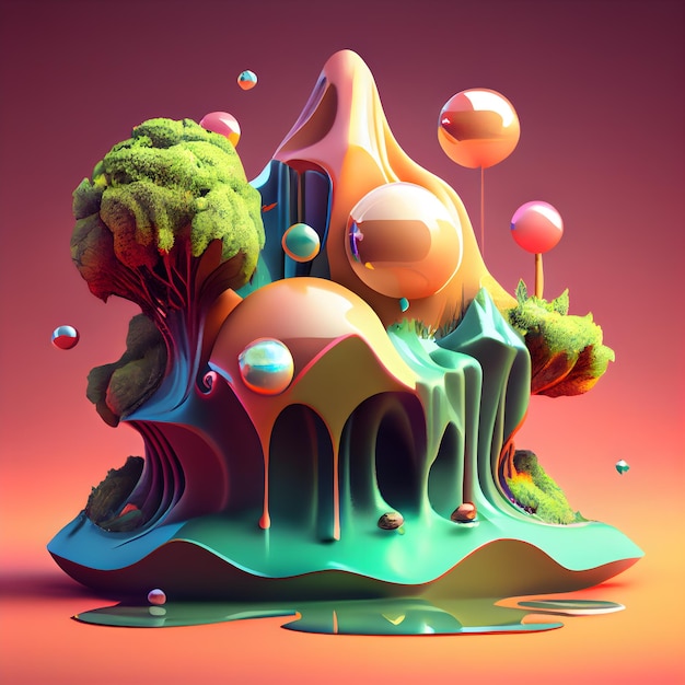 Representación 3D de un paisaje de fantasía con colinas, árboles y globos