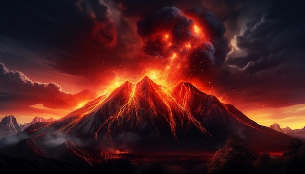 Representación 3D de un paisaje natural oscuro y futurista con un volcán explosivo y lava con luces de neón