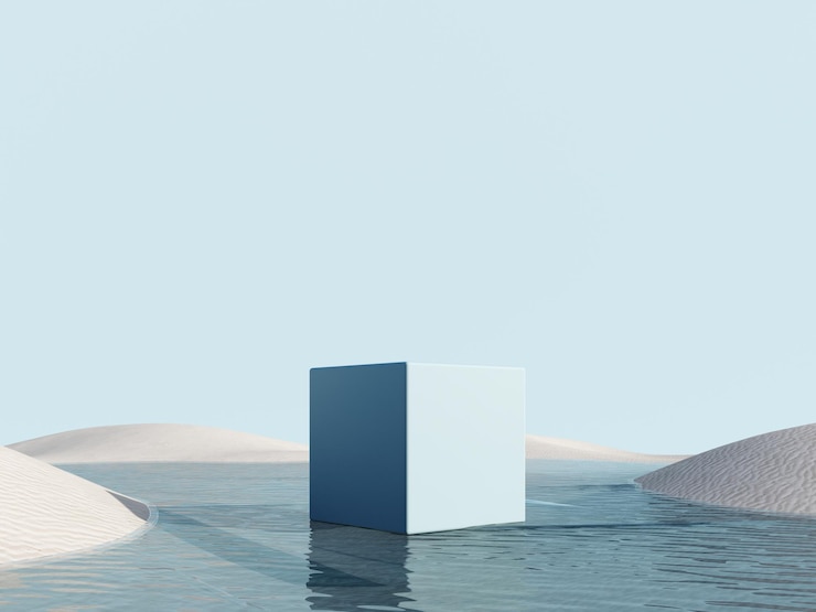 Representación 3D de un paisaje surrealista con podio en el agua y arena blanca. Vitrina de vidrio con planta.