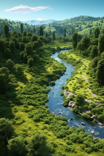 una representación 3D de un paisaje verde exuberante dividido por un río serpenteante