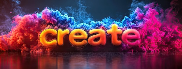 Representación 3D de la palabra crear en un diseño dinámico colorido establecido contra un fondo de gradiente oscuro con iluminación suave y baja y sombras nítidas capturadas con alta resolución y enfoque agudo