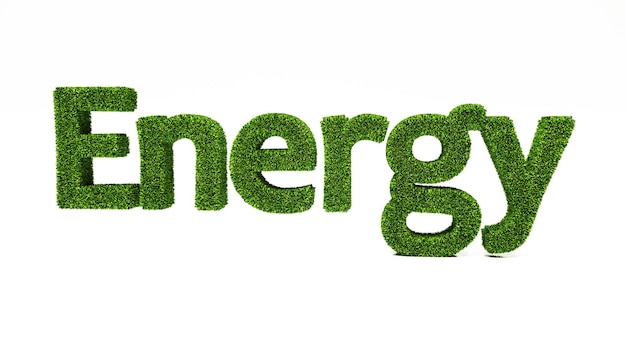 Foto representación 3d palabra de energía hecha de hierba verde salvar el concepto de tierra