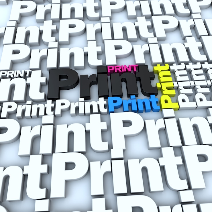 Foto representación 3d de la palabra impresa en blanco y diferentes colores.