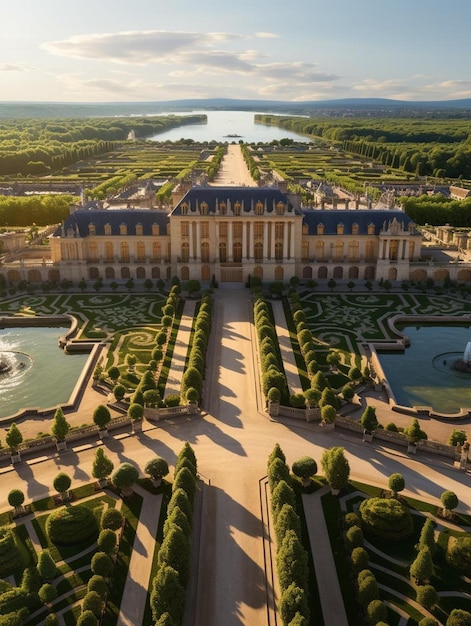 una representación en 3D de un palacio con un lago y árboles.