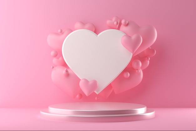 Representación 3d de la pantalla del podio con corazón y bola rosa, feliz fondo del día de san valentín.