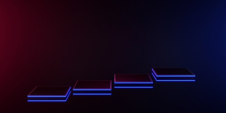 Representación 3D de la pantalla del podio de metal negro en el estante del producto negro y oscuro de neón resplandor de pie con láser
