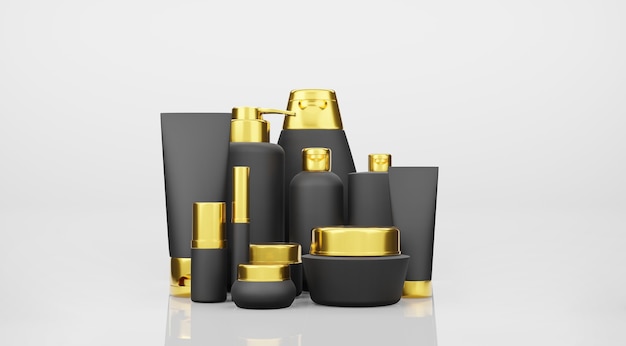Representación 3D del paquete de botella de color negro y dorado