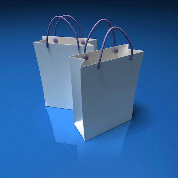 Representación 3D de un par de bolsas de compras blancas de alta calidad contra un fondo azul brillante