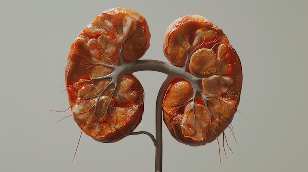 Foto una representación 3d de un par de riñones los riñones son naranjas y la arteria renal y la vena renal son visibles el fondo es gris