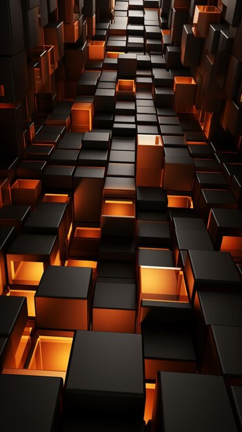 Representación 3D de una pared de cubo negra y naranja