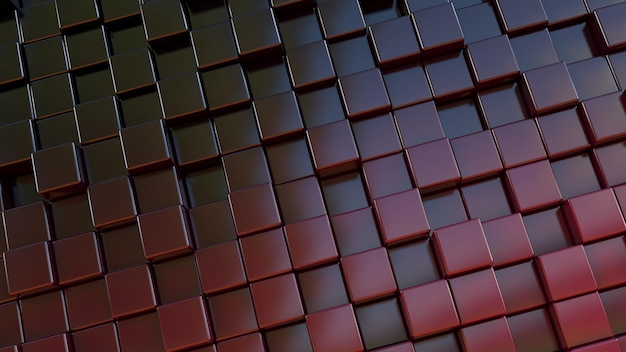 Representación 3D de una pared hecha con cubos de color rojo oscuro