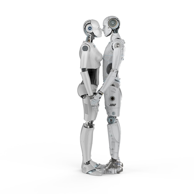 Representación 3d pareja cyborgs beso masculino y femenino