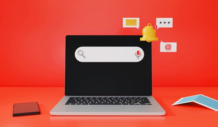 Representación 3D de la parte frontal de la computadora portátil en el escritorio plano y la notificación de hipster de elemento de tendencia en la pared emergente