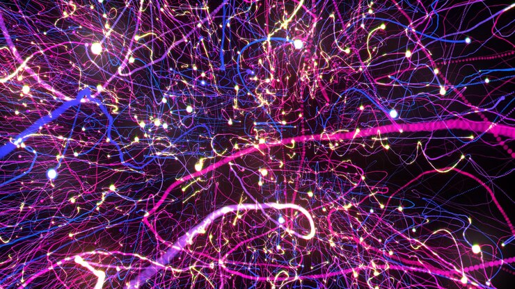 Foto la representación 3d de partículas multicolores brillantes llena el espacio con chorros de energía y luz
