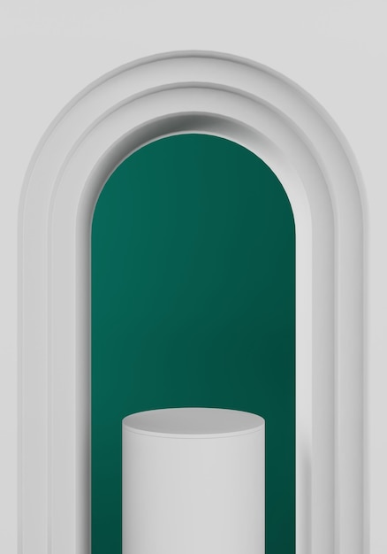 Representación 3d de pedestal de círculo vacío blanco entre maqueta de pared de arco negro sobre fondo verde