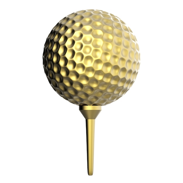 Representación 3D de una pelota de golf de oro en el tee aislado en blanco