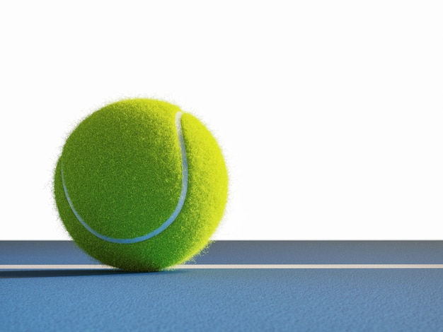 Representación 3D de una pelota de tenis sobre un piso de concreto azul