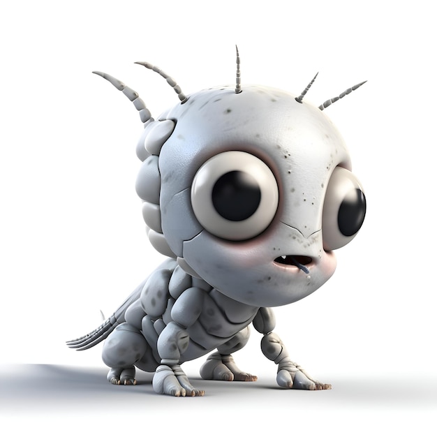 Representación 3D de un pequeño alienígena de dibujos animados con una expresión divertida en su rostro