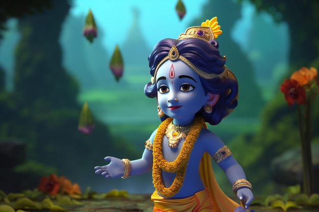 Representación 3D del pequeño Krishna en el regazo de la naturaleza