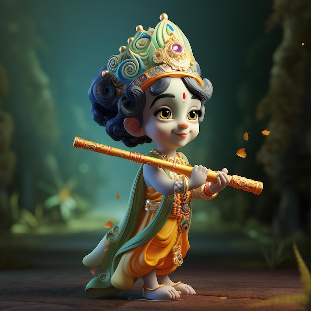 Representación 3D del pequeño Krishna tocando el bansuri