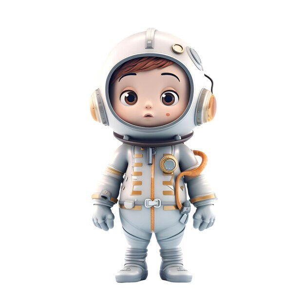 Representación 3D de un pequeño y lindo astronauta aislado sobre fondo blanco.