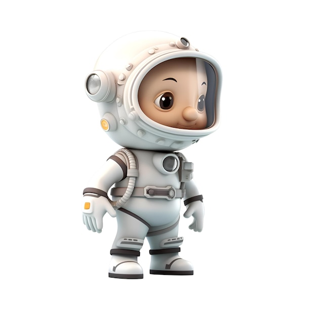 Representación 3D de un pequeño y lindo astronauta sobre un fondo blanco