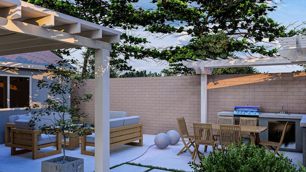 Foto representación 3d de un pequeño patio trasero con zona de barbacoa, zona de estar y macetero
