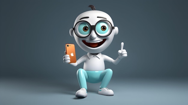 Una representación 3D de un personaje 3D de piernas cruzadas alegre con un teléfono inteligente
