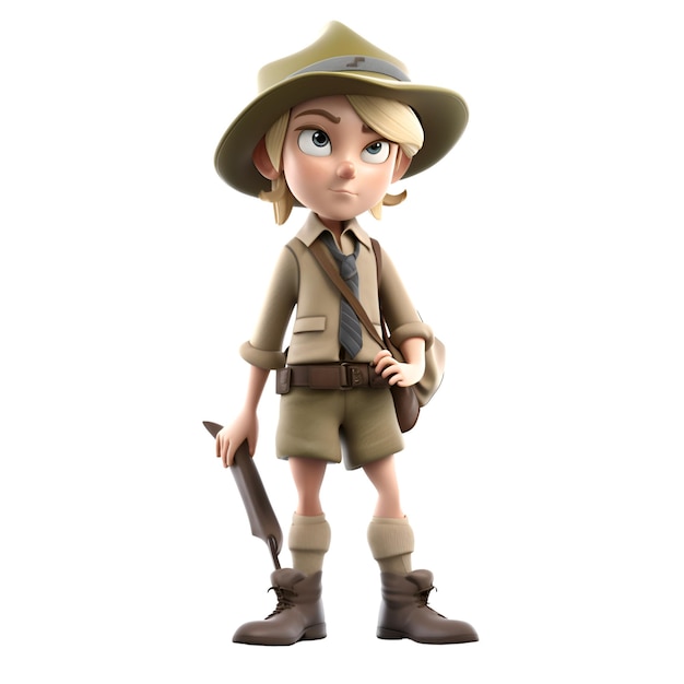 Representación 3D de un personaje de dibujos animados como explorador de safari